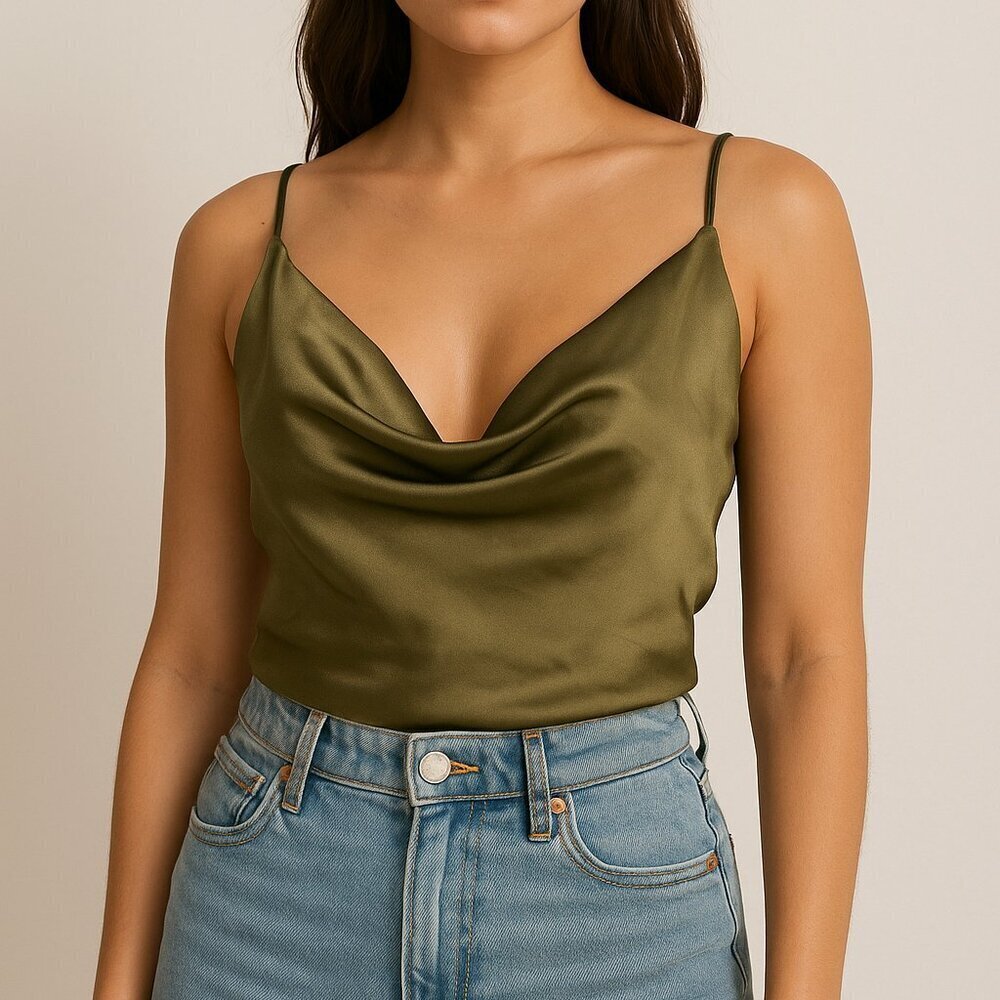 ASTR The Label Green Satin Tie-Back Blouse Medium